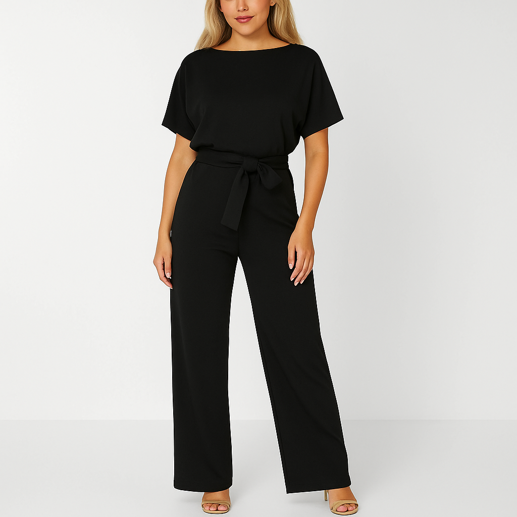 Nadia | Damen Kurzarm Overall Jumpsuit mit Bindegürtel - Beige - Image 3