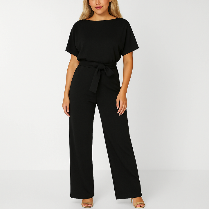 Nadia | Damen Kurzarm Overall Jumpsuit mit Bindegürtel - Beige - Image 3