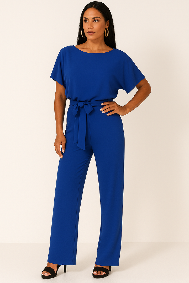 Nadia | Damen Kurzarm Overall Jumpsuit mit Bindegürtel - Beige - Image 5