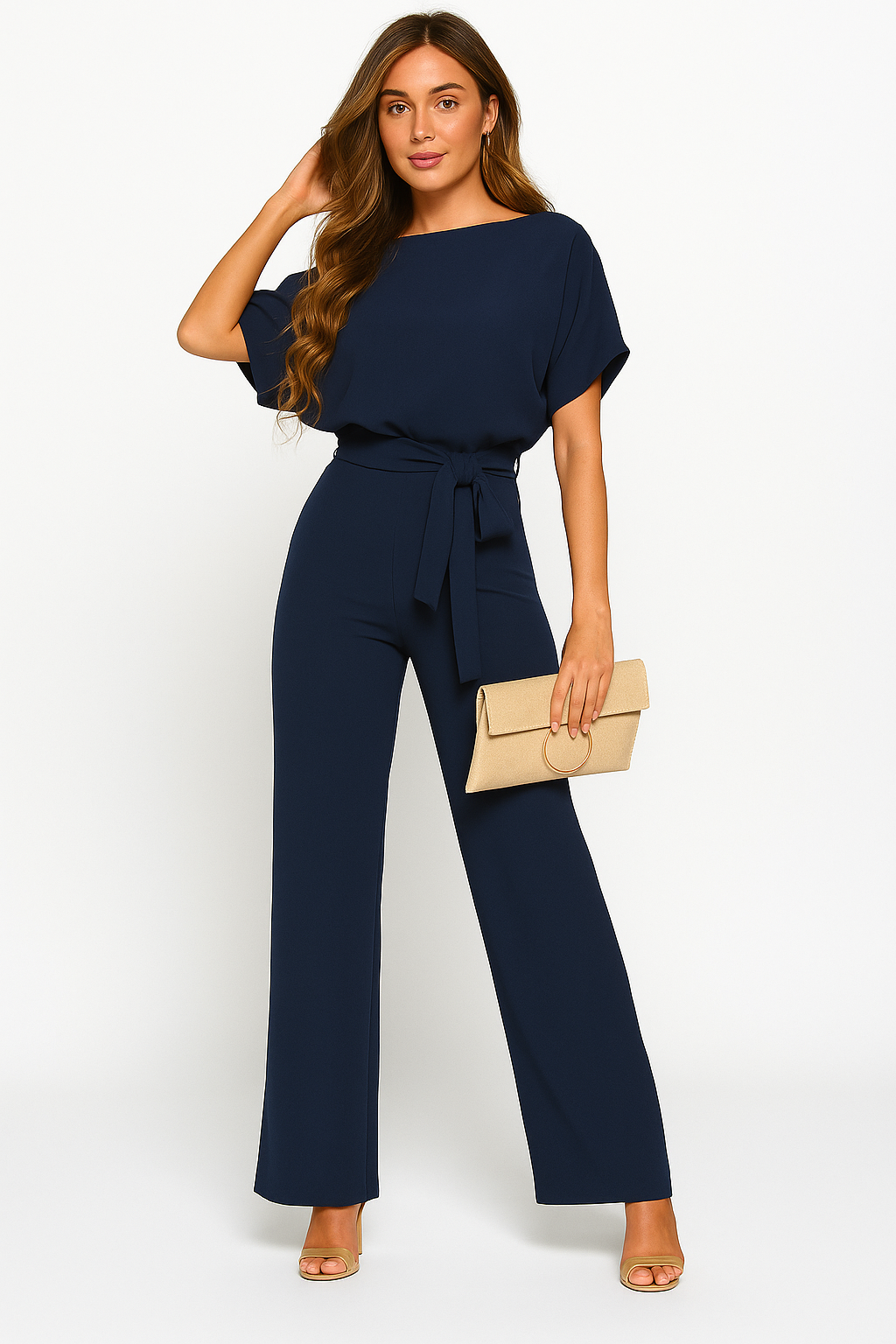 Nadia | Damen Kurzarm Overall Jumpsuit mit Bindegürtel - Beige - Image 7