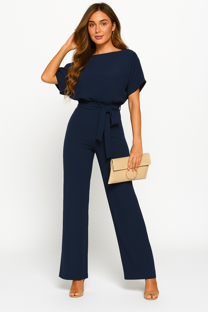 Nadia | Damen Kurzarm Overall Jumpsuit mit Bindegürtel - Beige - Image 7