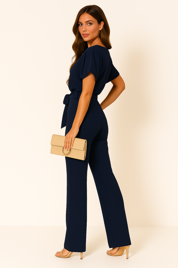 Nadia | Damen Kurzarm Overall Jumpsuit mit Bindegürtel - Beige - Image 8