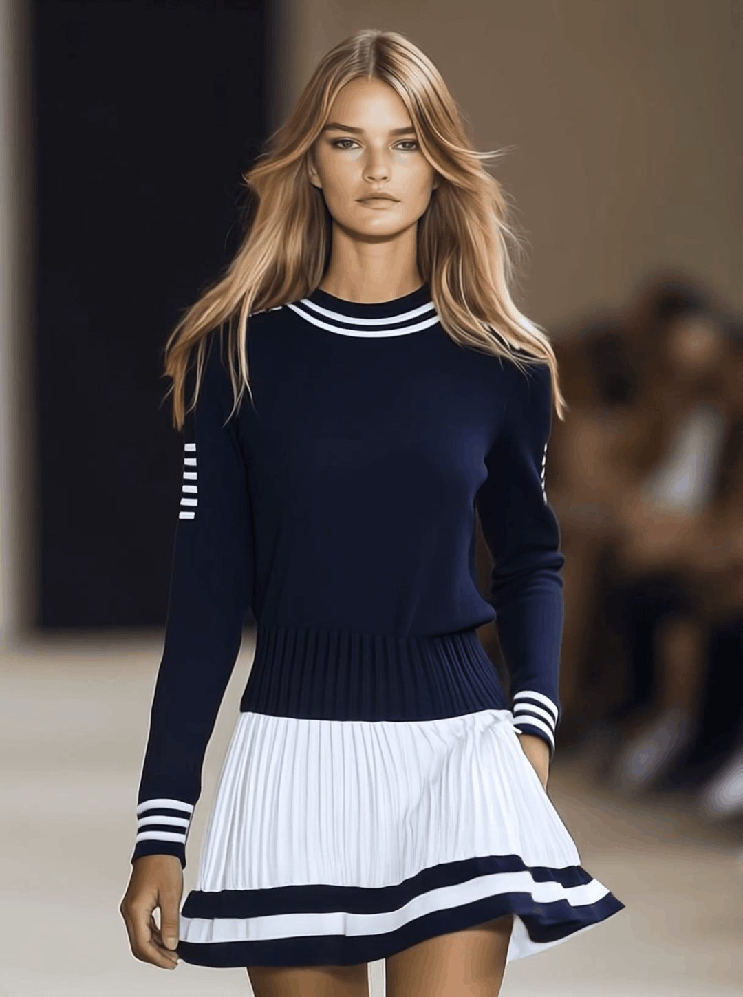 Nadia | Damen Sportliches Rundhals Langarm Minikleid - Navy - Image 2