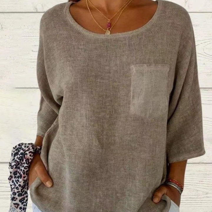 Nadine | Damen 3/4-Arm-Shirt Rundhals mit Brusttasche - Taupe - Image 1