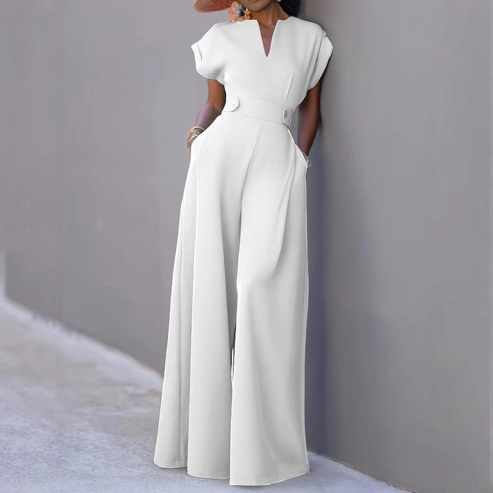Nadine | Damen Jumpsuit Weites Bein V-Ausschnitt Kurzarm - White - Image 1