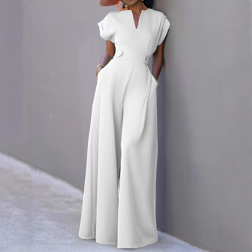 Nadine | Damen Jumpsuit Weites Bein V-Ausschnitt Kurzarm - White - Image 2