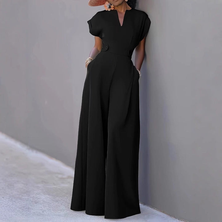Nadine | Damen Jumpsuit Weites Bein V-Ausschnitt Kurzarm - White - Image 3