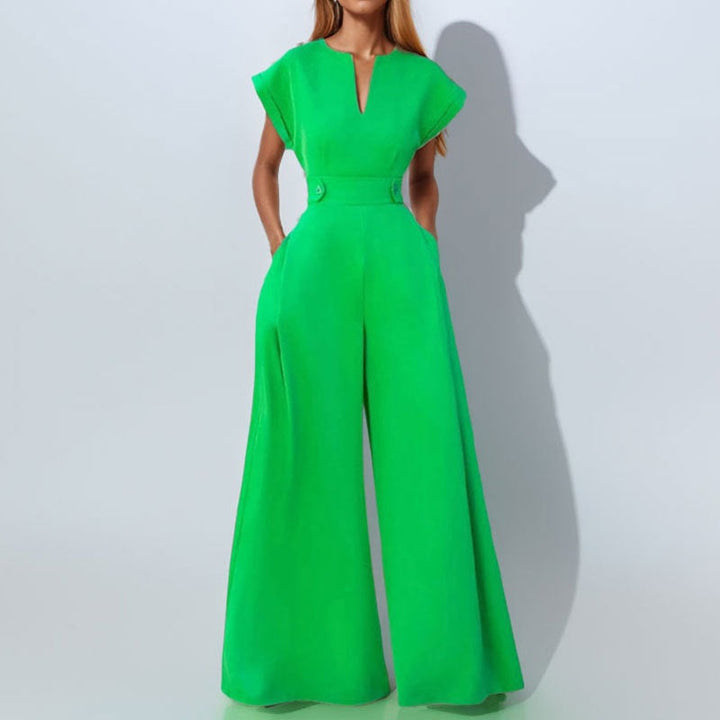 Nadine | Damen Jumpsuit Weites Bein V-Ausschnitt Kurzarm - White - Image 4