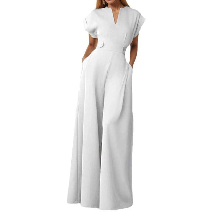 Nadine | Damen Jumpsuit Weites Bein V-Ausschnitt Kurzarm - White - Image 5