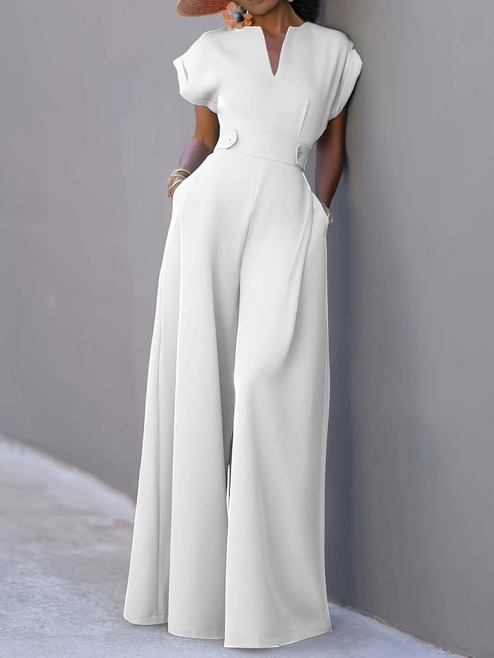 Nadine | Damen Jumpsuit Weites Bein V-Ausschnitt Kurzarm - White - Image 8
