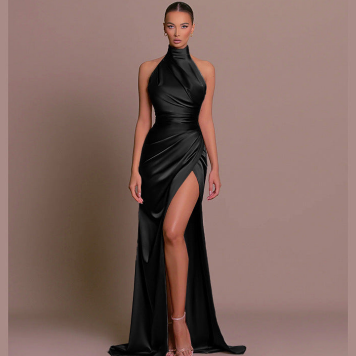 Nadine | Damen Neckholder Abendkleid mit Schlitz - Black - Image 4