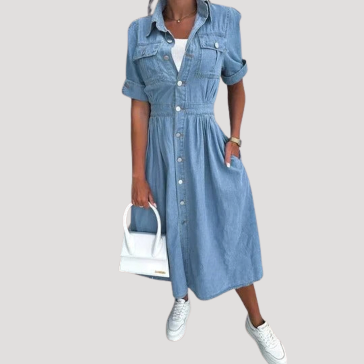 Nadja | Damen Kurzarm Jeanskleid Midi Hemdblusenkleid - Light Blue - Image 1