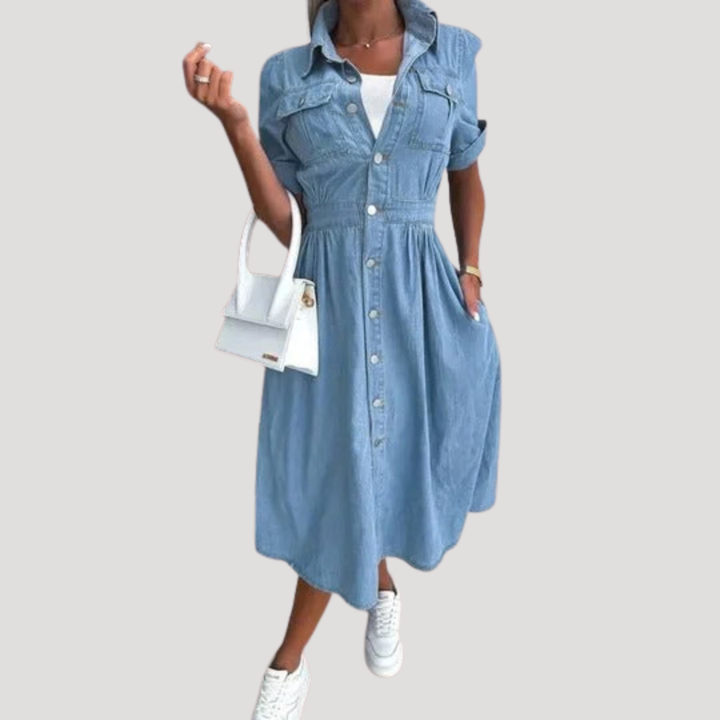 Nadja | Damen Kurzarm Jeanskleid Midi Hemdblusenkleid - Light Blue - Image 2