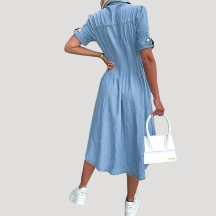 Nadja | Damen Kurzarm Jeanskleid Midi Hemdblusenkleid - Light Blue - Image 3
