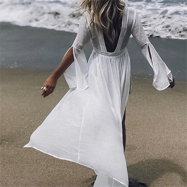 Nadja | Damen Rückenfreies Boho Maxikleid Langarm - White - Image 1