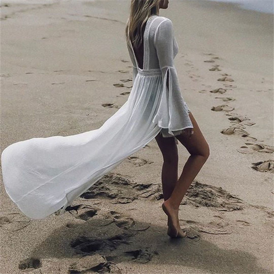 Nadja | Damen Rückenfreies Boho Maxikleid Langarm - White - Image 6