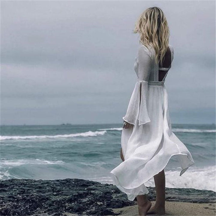 Nadja | Damen Rückenfreies Boho Maxikleid Langarm - White - Image 7