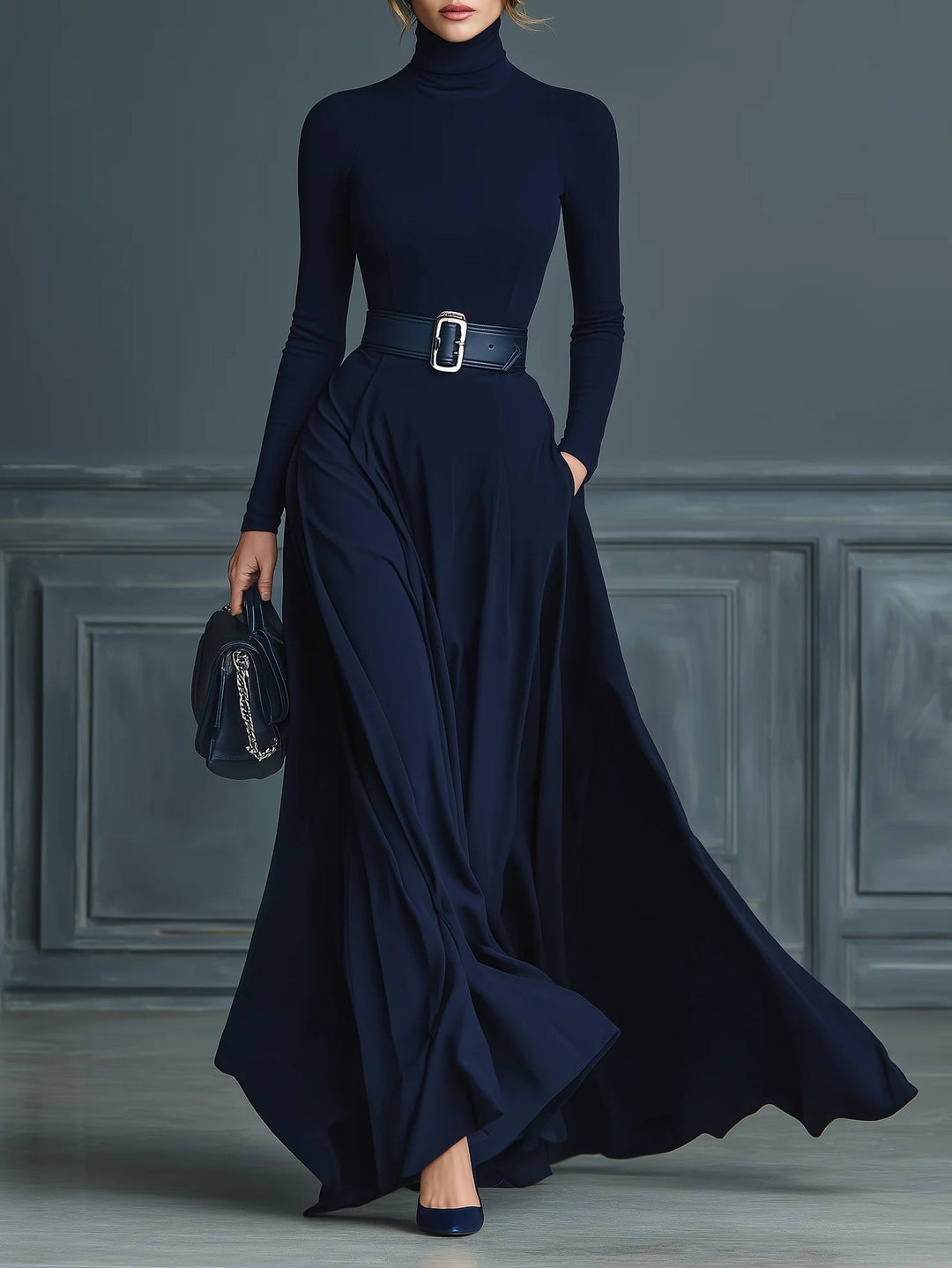 Naleska | Damen Strickkleid Rollkragen Maxikleid - Navy - Image 1