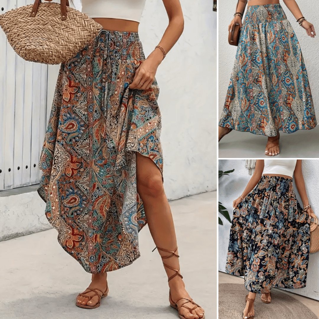 Jea | Damen Maxirock Boho Paisley Muster Hoher Bund Sommerrock