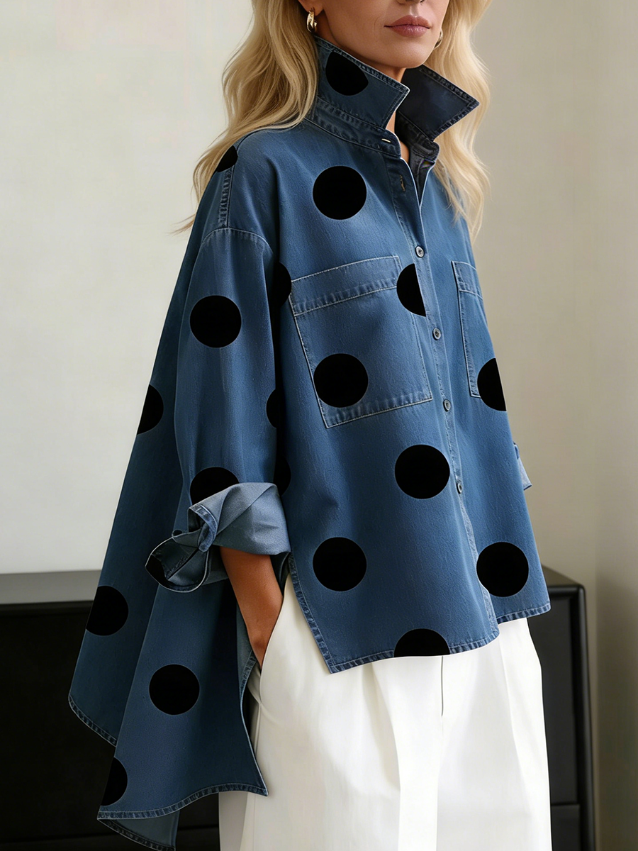 Nicolette | Damen Polka Dot Stehkragen Langarm Bluse - Blue - Image 1