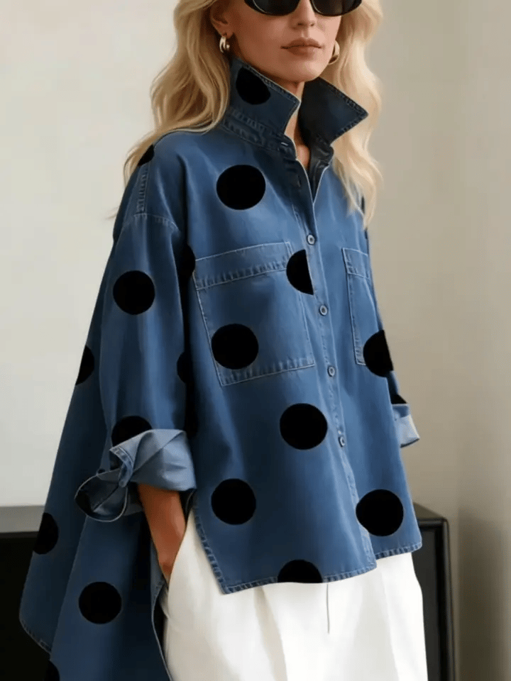 Nicolette | Damen Polka Dot Stehkragen Langarm Bluse - Blue - Image 2