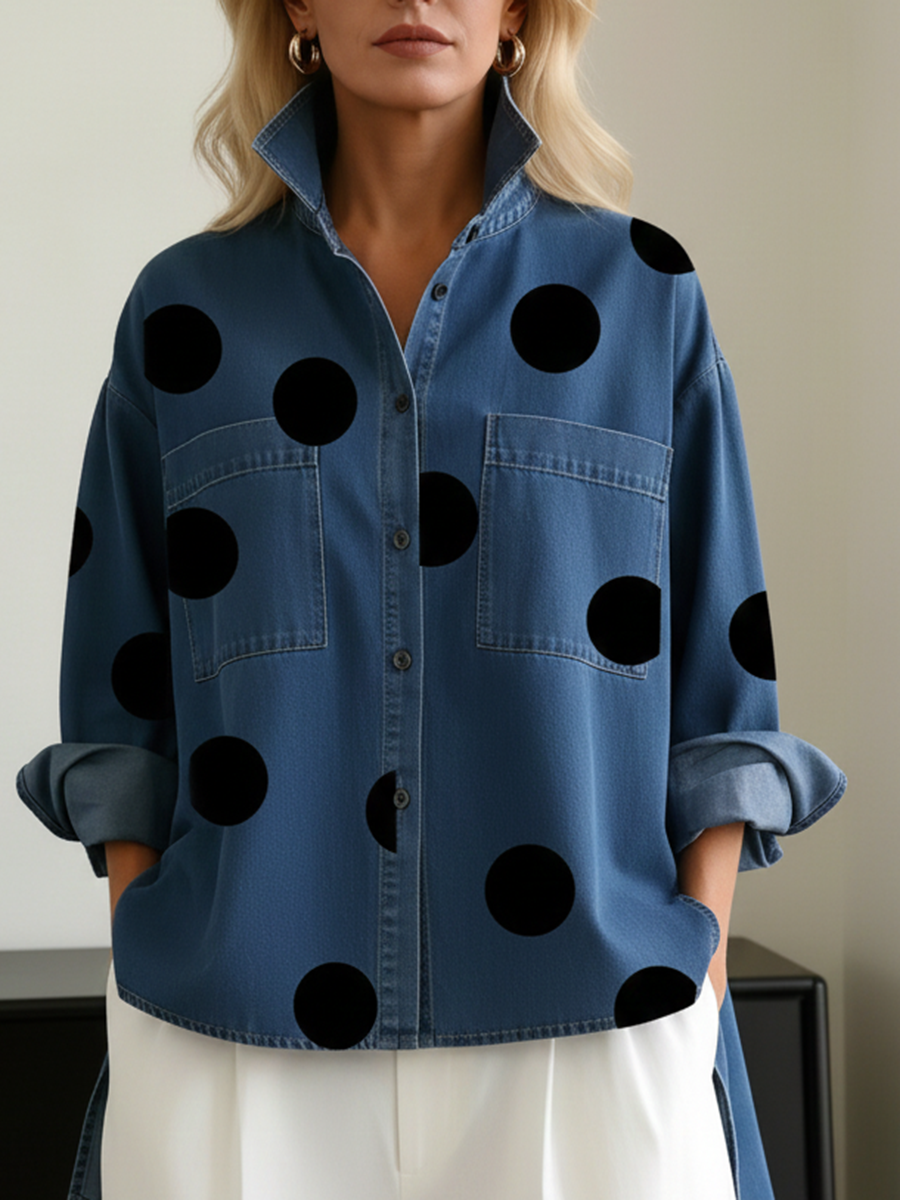 Nicolette | Damen Polka Dot Stehkragen Langarm Bluse - Blue - Image 3