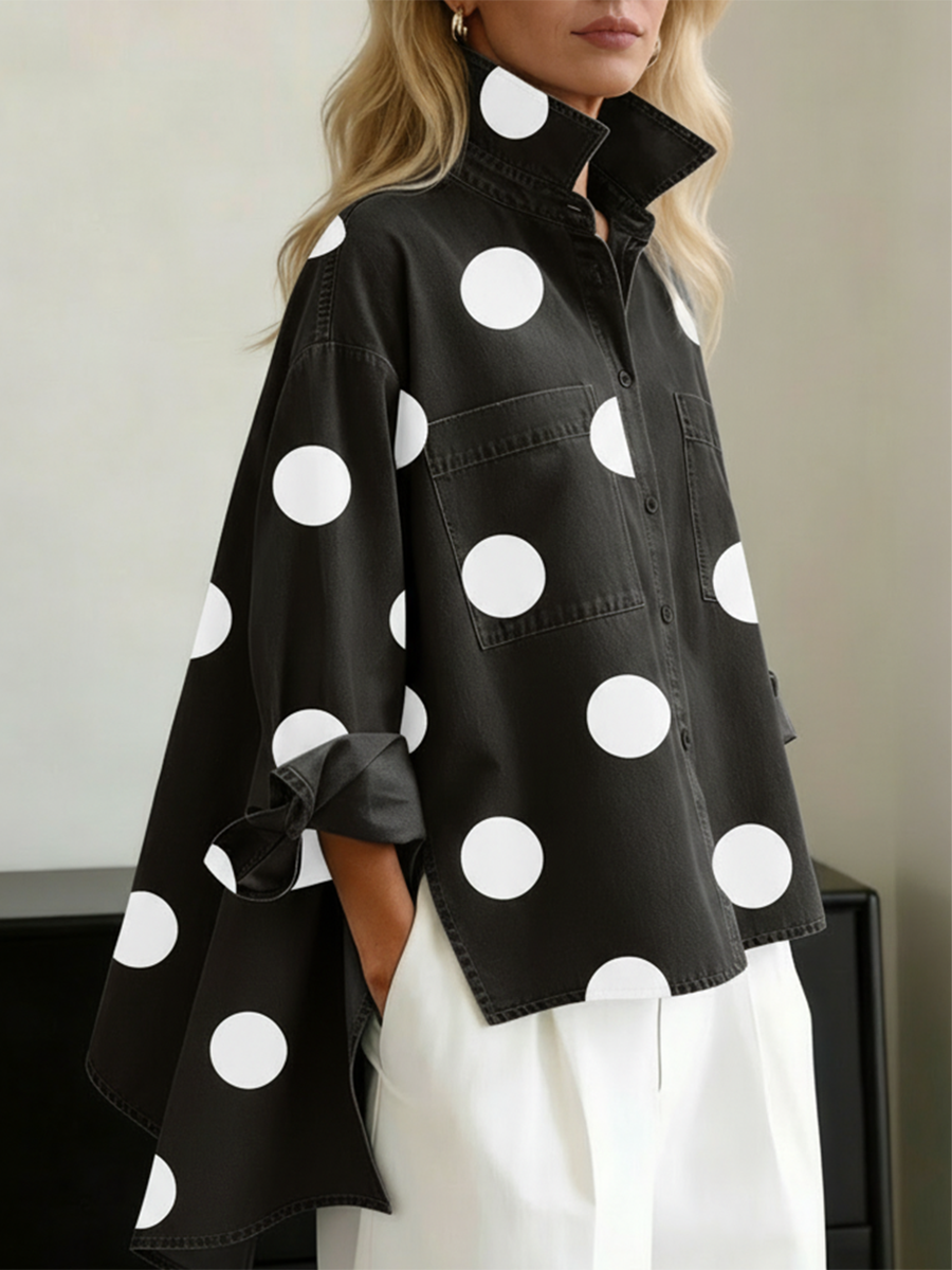 Nicolette | Damen Polka Dot Stehkragen Langarm Bluse - Blue - Image 4