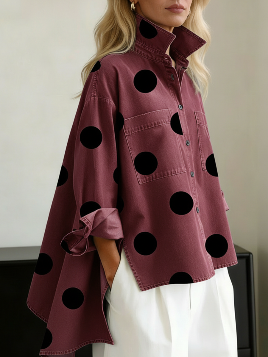Nicolette | Damen Polka Dot Stehkragen Langarm Bluse - Blue - Image 6