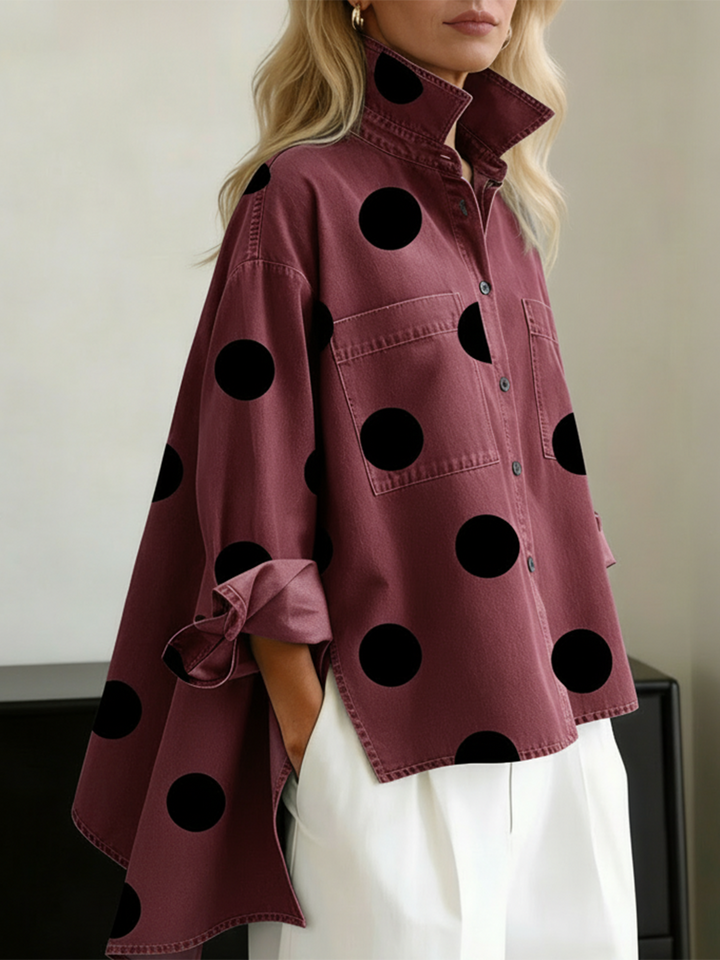 Nicolette | Damen Polka Dot Stehkragen Langarm Bluse - Blue - Image 6