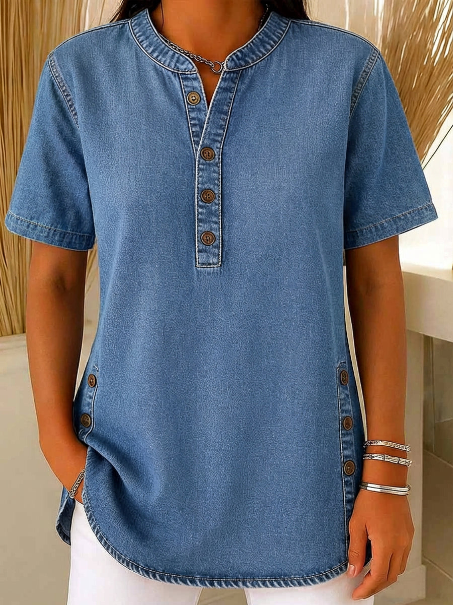 Nora | Damen Kurzarm Jeansbluse mit Knopfleiste - Blue - Image 1