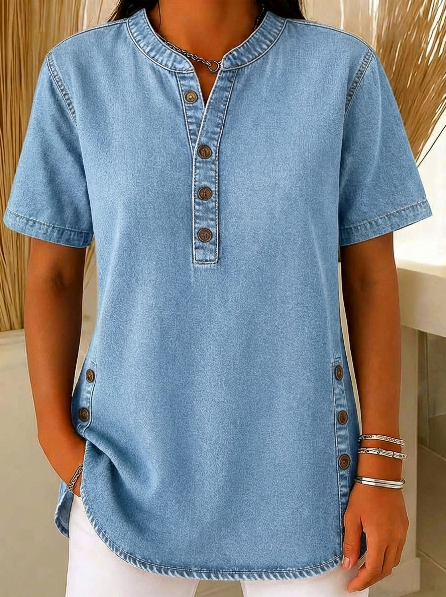Nora | Damen Kurzarm Jeansbluse mit Knopfleiste - Blue - Image 2
