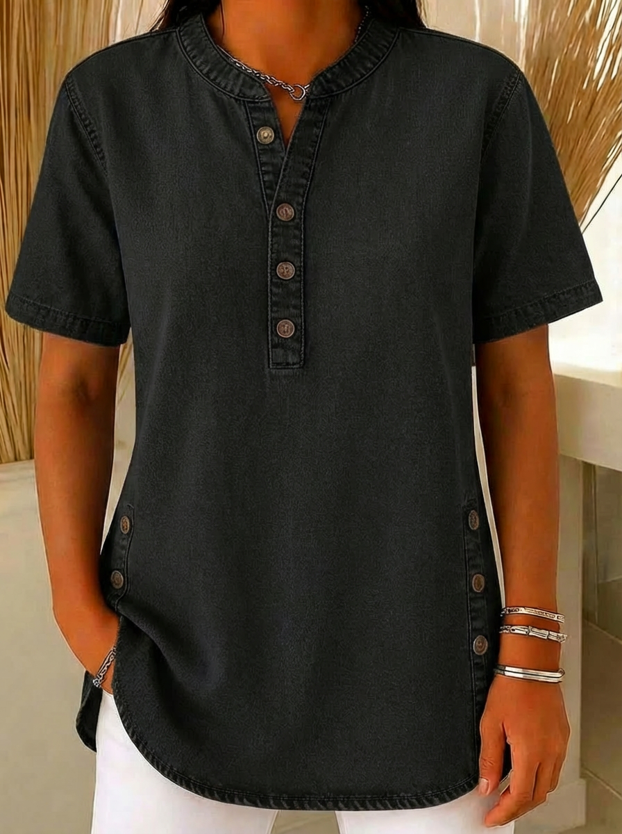 Nora | Damen Kurzarm Jeansbluse mit Knopfleiste - Blue - Image 3