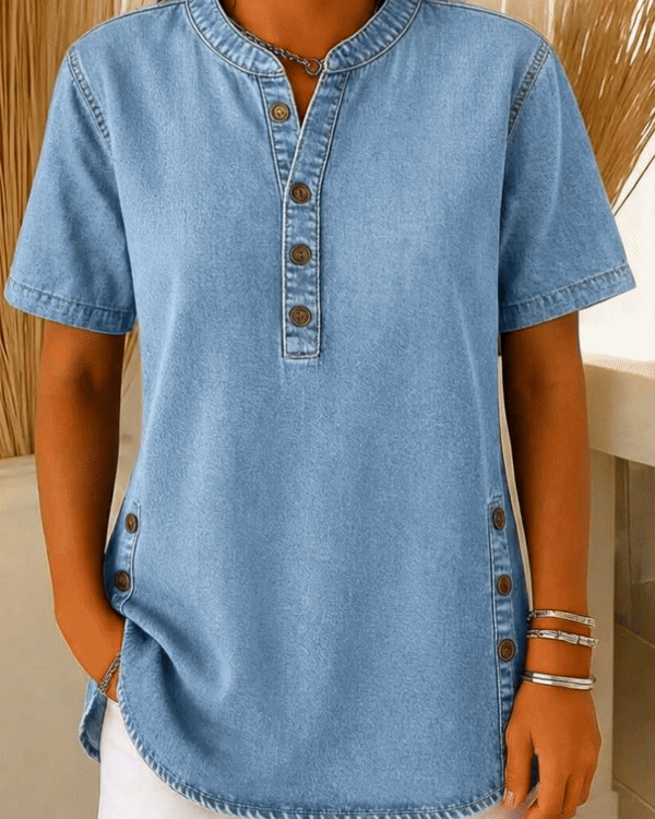 Nora | Damen Kurzarm Jeansbluse mit Knopfleiste - Blue - Image 4