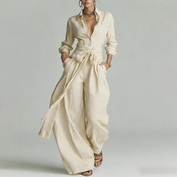 Octavia | Damen Koordinierten Set mit Hemdbluse - Beige - Image 1