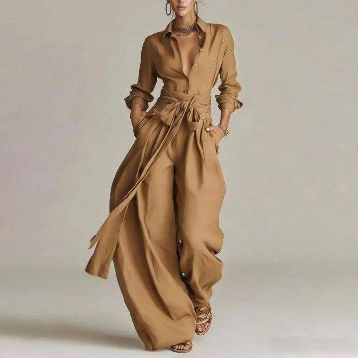 Octavia | Damen Koordinierten Set mit Hemdbluse - Beige - Image 2