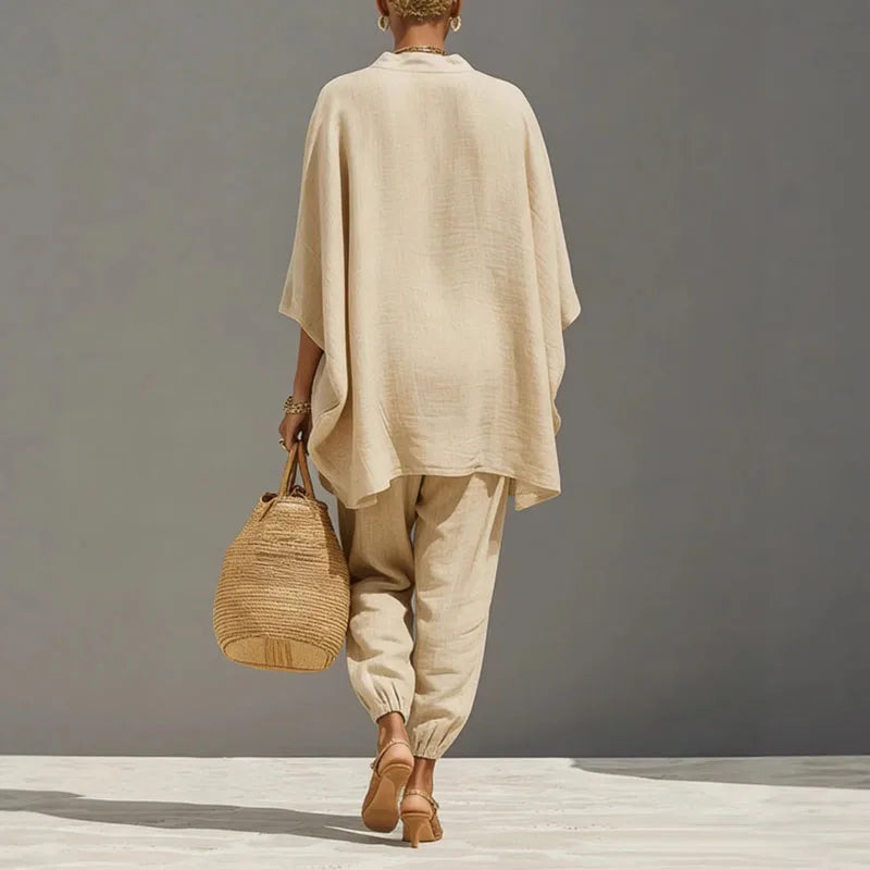 Octavia | Damen Oversize Tunika Zweiteiler Set - Beige - Image 2