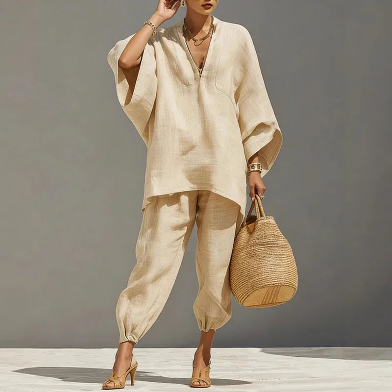 Octavia | Damen Oversize Tunika Zweiteiler Set - Beige - Image 3