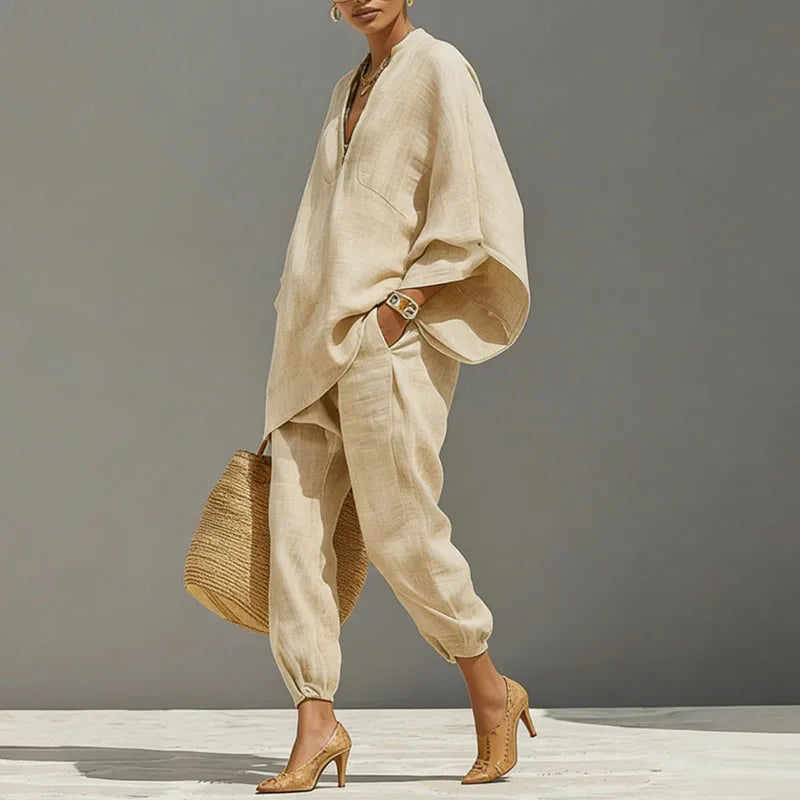 Octavia | Damen Oversize Tunika Zweiteiler Set - Beige - Image 4