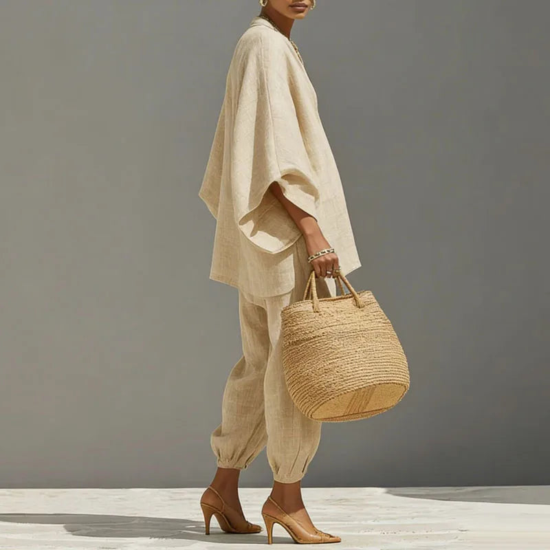 Octavia | Damen Oversize Tunika Zweiteiler Set - Beige - Image 5