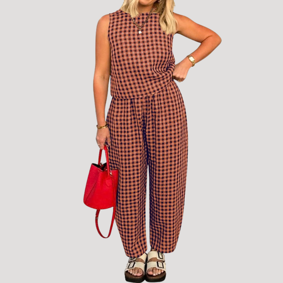 Odile | Damen Karo Zweiteiler Ärmellos Weite Hose - Image 2
