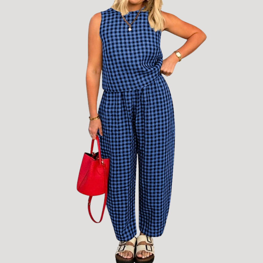 Odile | Damen Karo Zweiteiler Ärmellos Weite Hose - Image 3