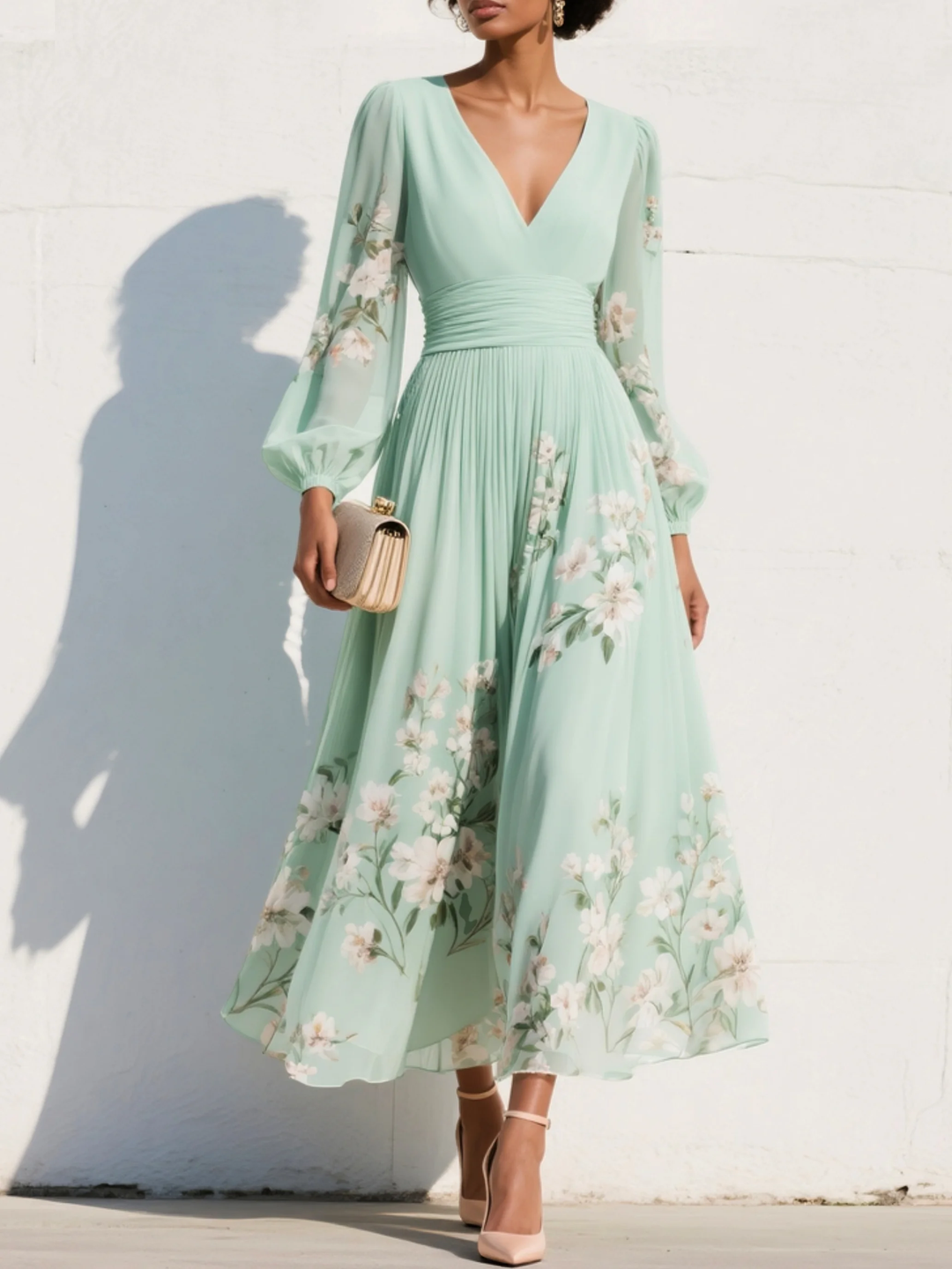 Ondine | Damen Blumenkleid Midikleid Langarm - Green - Image 1