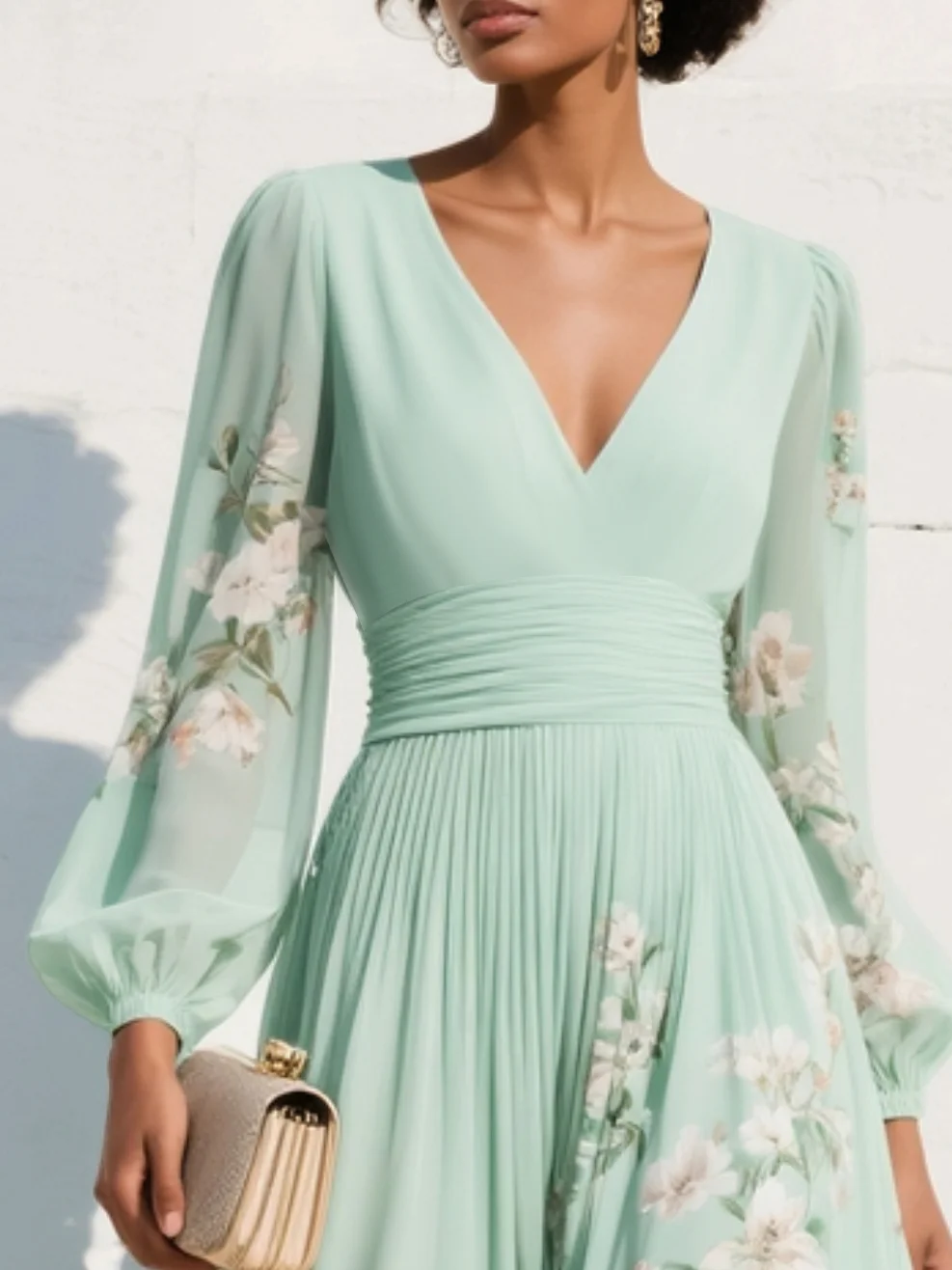 Ondine | Damen Blumenkleid Midikleid Langarm - Green - Image 4