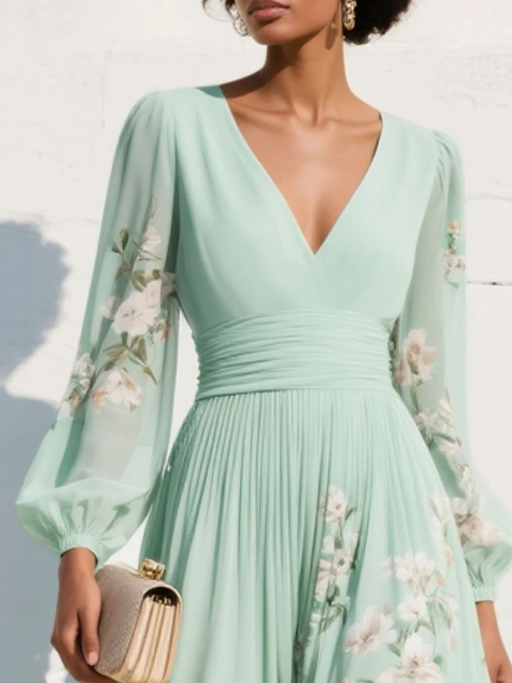 Ondine | Damen Blumenkleid Midikleid Langarm - Green - Image 4