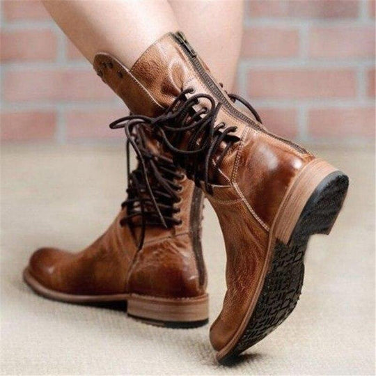 Marba | Damen Stiefeletten Blockabsatz Schnürung Nieten Cognac Herbst