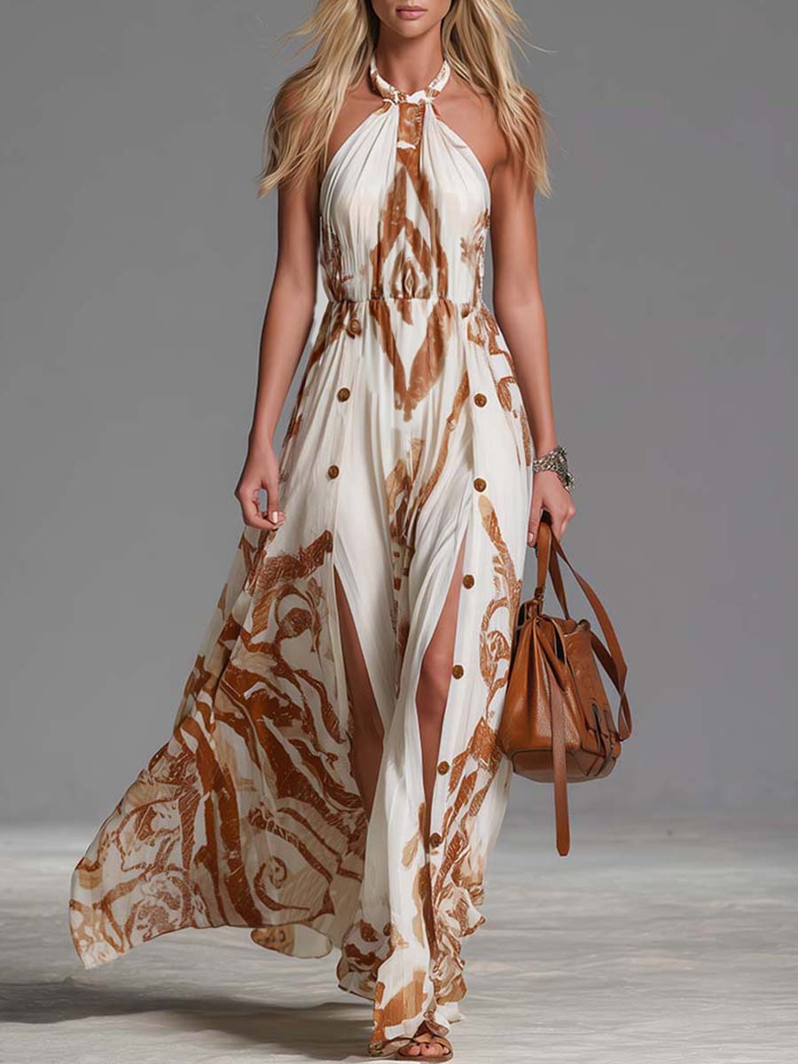 Ophelia | Damen Neckholder Paisley Maxikleid - Brown - Image 1