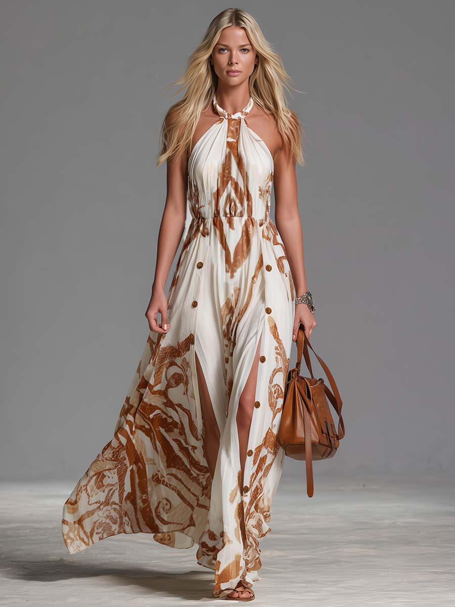 Ophelia | Damen Neckholder Paisley Maxikleid - Brown - Image 4