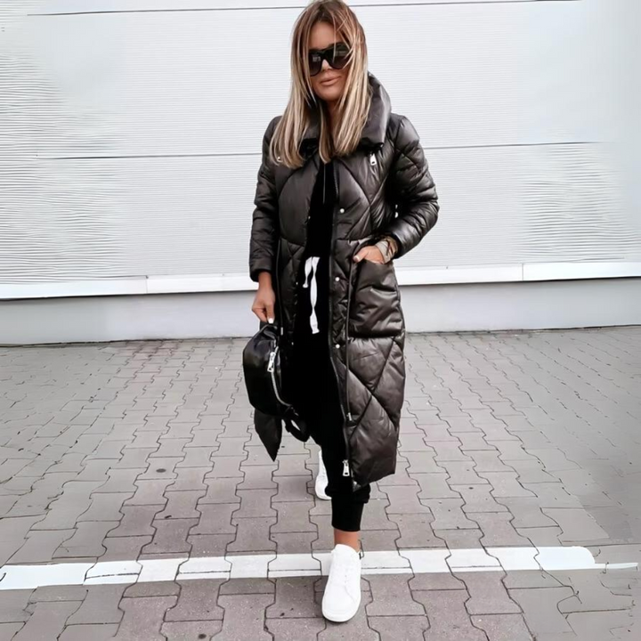 Osvika | Damen Lange Steppjacke Wintermantel - Dark Grey - Image 3