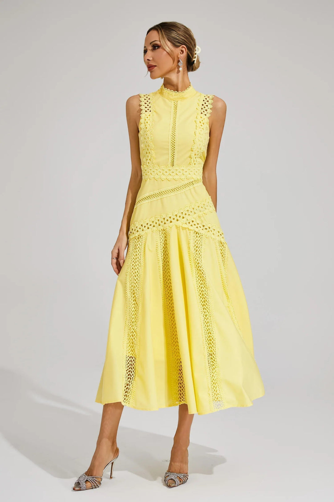 Ottaviana | Damen Ärmelloses Midi Spitzenkleid Gelb - Yellow - Image 4