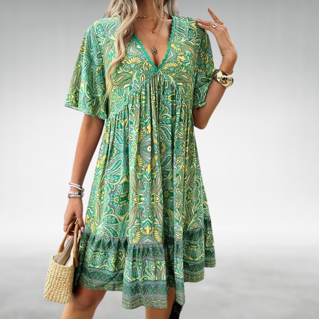 Ottilia | Damen Boho V-Ausschnitt Minikleid - Green - Image 1